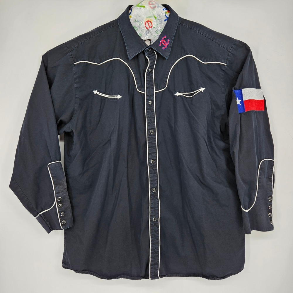 Vaccari‎ Shirt Mens XXL Pearl Snap Embroidered Texas Flag Western Rodeo Black